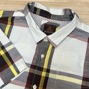 Prana Shirt Mens 2XL XXL Plaid Button Up Organic Cotton Blend Maroon Yellow Camp